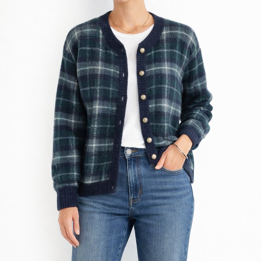 Blackwatch Plaid New England Coastal Grandma Dark Academia Cardigan [size L]